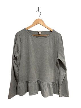 J. Crew Women’s Grey Ruffle Hem Long-Sleeve Crewneck Top Cotton
